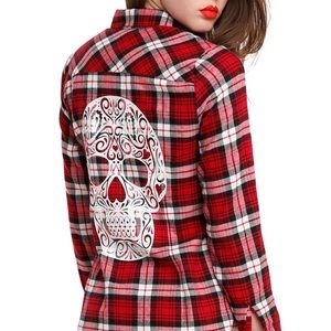 Red plaid sugar skull girls woven top 💀