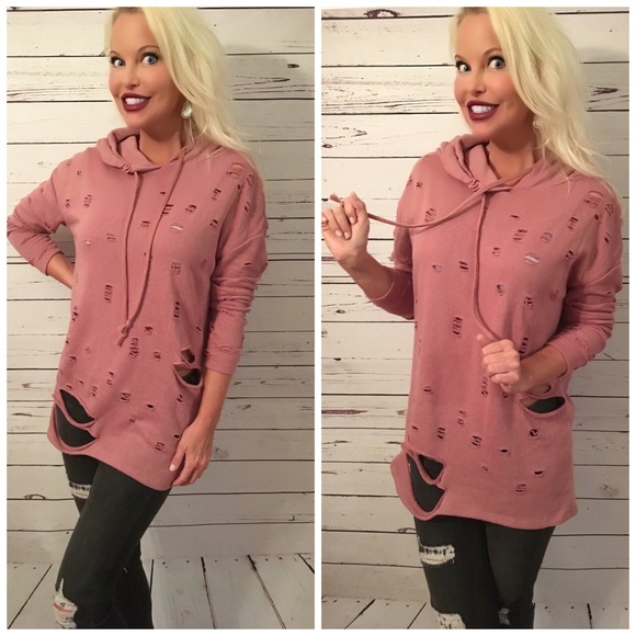 LAST 1!! Dusty Pink Distressed Terry Tunic! - Picture 3 of 4
