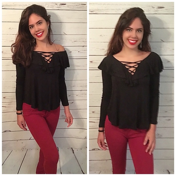 AVAILABLE Black Lace up Ruffle Jersey Knit Top! - Picture 2 of 3