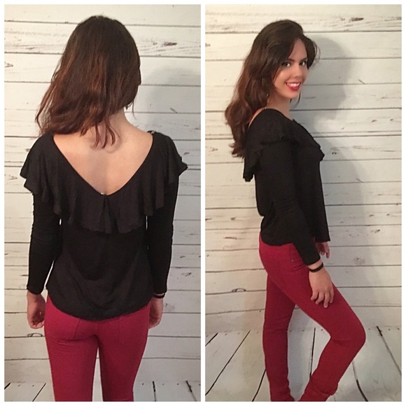 AVAILABLE Black Lace up Ruffle Jersey Knit Top! - Picture 3 of 3