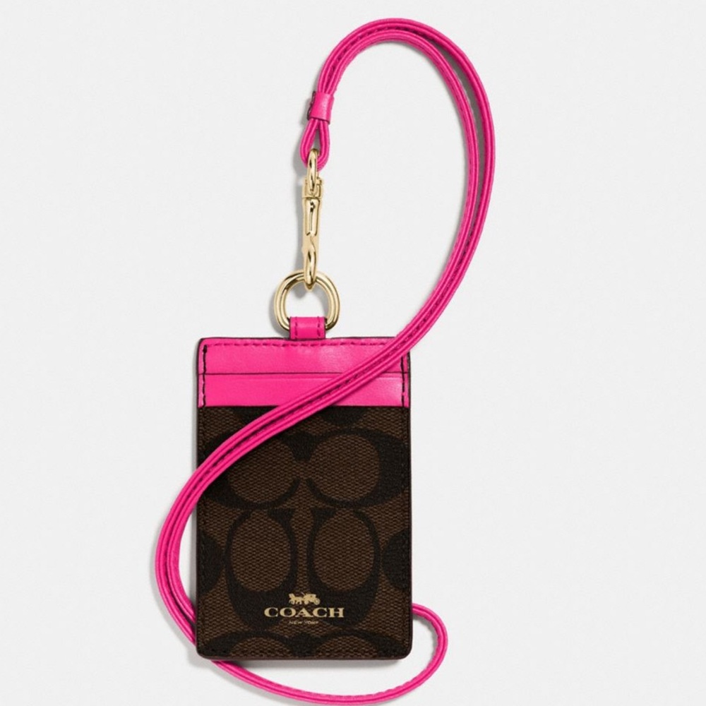 NWT COACH ID LANYARD SIG COATED CANVAS W/LTHR TRIM/gold hardware/Brown/Fuchsia