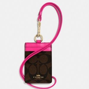 NWT COACH ID LANYARD SIG COATED CANVAS W/LTHR TRIM/gold hardware/Brown/Fuchsia