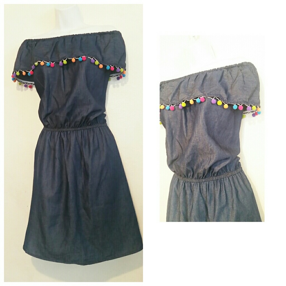 Fun New off the shoulder pompom denim dress