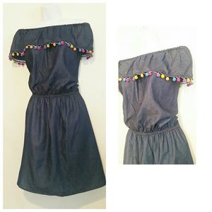 Fun New off the shoulder pompom denim dress