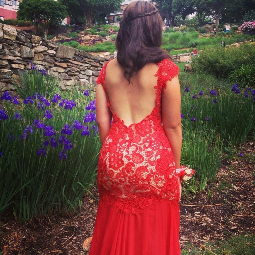 Mac Duggal Red Lace Prom Dress