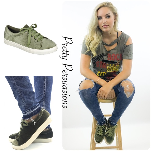 NWT Olive Green Velvet Lace Up Sneakers - Picture 2 of 4