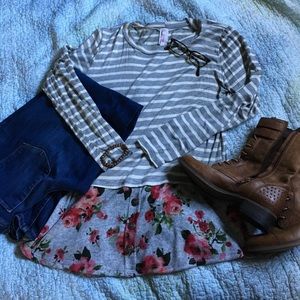 Grey striped layered top with rose patterned layer