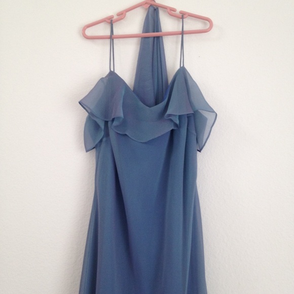 Elegant Blue Hi-Lo Bridesmaid Dress with Shawl - Picture 6 of 12