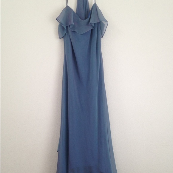 Elegant Blue Hi-Lo Bridesmaid Dress with Shawl - Picture 7 of 12