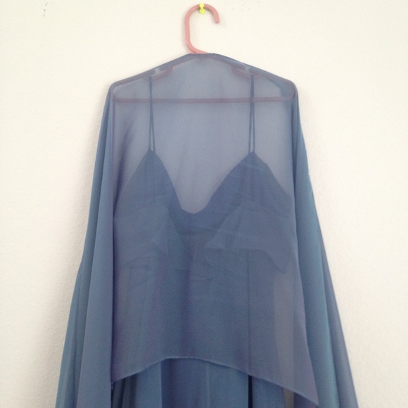Elegant Blue Hi-Lo Bridesmaid Dress with Shawl - Picture 8 of 12
