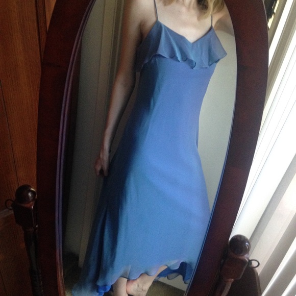 Elegant Blue Hi-Lo Bridesmaid Dress with Shawl - Picture 5 of 12