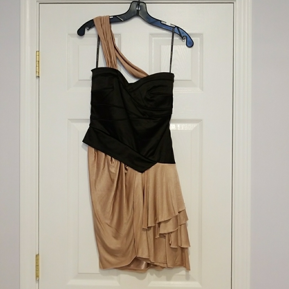 BEBE Black Blush One Shoulder Assymetrical Dress