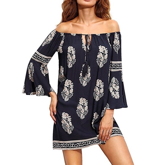 Navy blue bohemian off the shoulder tassel dress - Picture 1 of 4