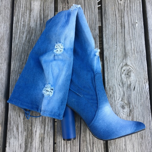 SZ 7.5 Distressed Blue Jean OTK Boots! NEW! - Picture 3 of 5