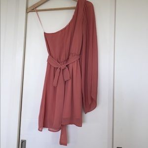 Lush One Shoulder Blush Sheer Pleated Dress