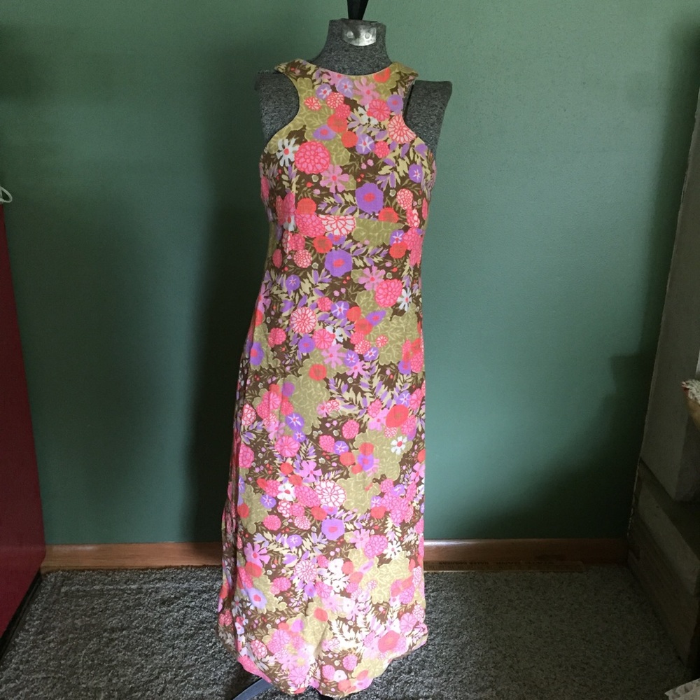 Vintage 1960's Pink & Purple Floral Maxi Dress XS
