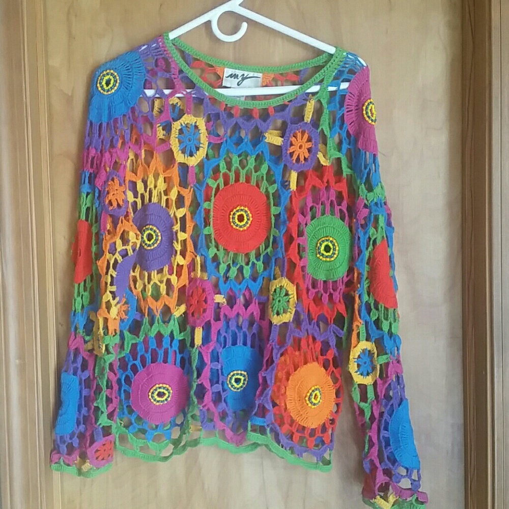 Multi Color Crocheted Top with Bead Detail