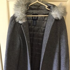 GAP long gray wool blend coat with FUR!!