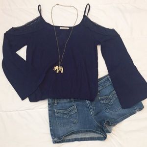 Cold Shoulder Long Sleeve Top Navy Blue