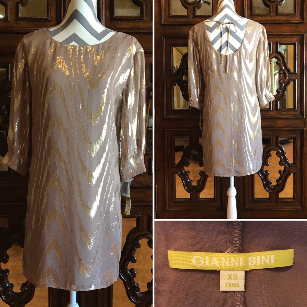 GIANNI BINI Corina Dress Taupe and Gold XS NWT