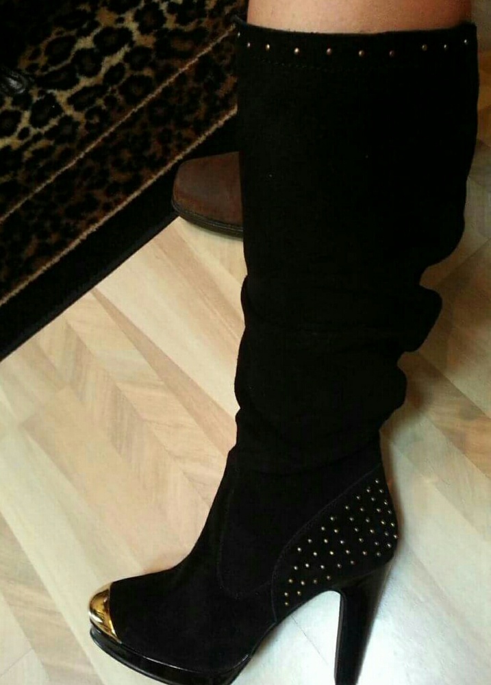 Knee High Suede Boots with Gold Accents