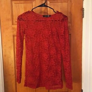 NWOT Red Sheer Long Sleeve Lace Top