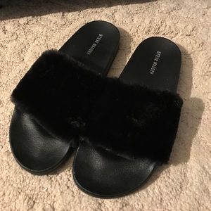 Steve Madden black fur slides