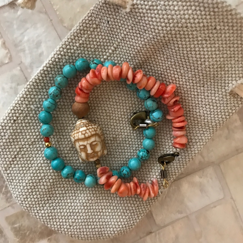 Coral, turquoise, and prayer beads bracelets