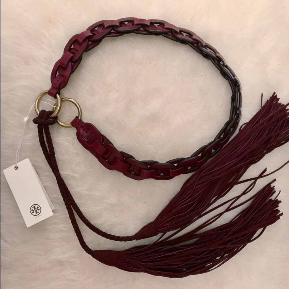 Tory Burch Red Agate Fringe Tassle Belt