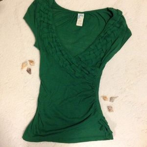 Anthro C Keer green woven v-neck tee
