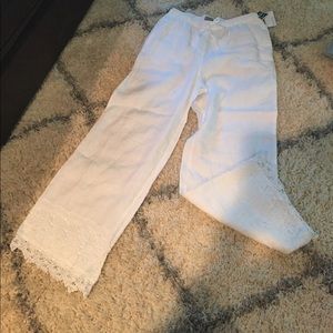 Kenar white linen pants with crochet detail