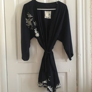 Anthropologie navy embroidered silk robe