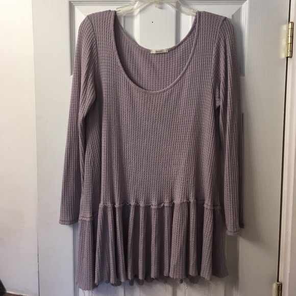easel Sweaters - Grey/purple fringe fall off the shoulder sweater