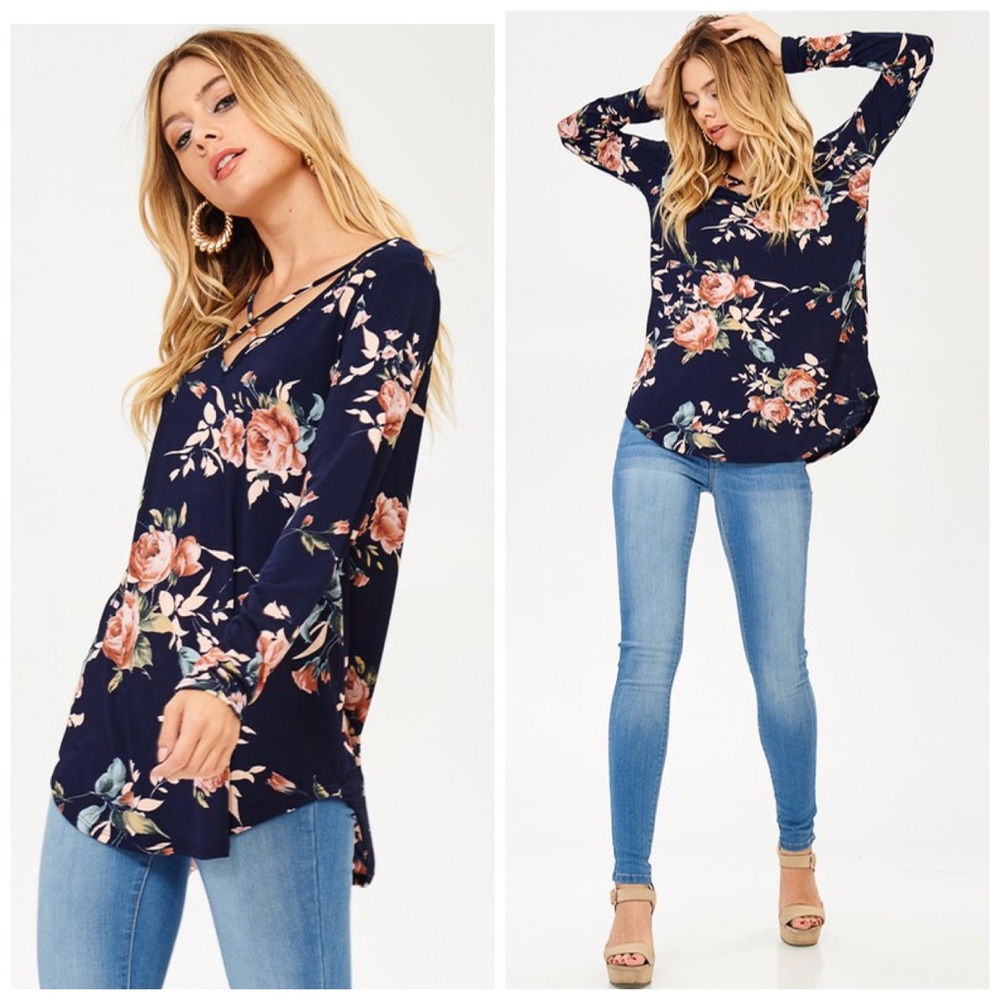 AVAILABLE Criss cross navy floral tunic!! - Picture 3 of 3