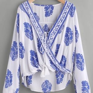 Blue and White Cropped Blouse