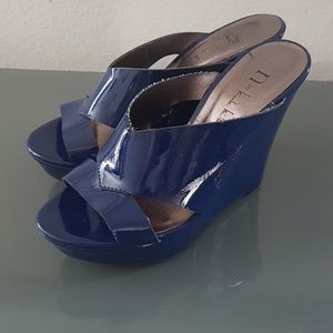 Blue faux patent leather high heel sandal wedges