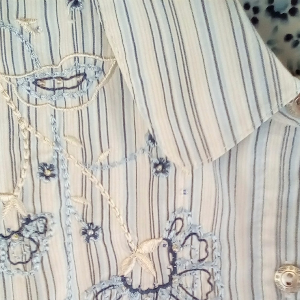 Blue Stripe & Floral Print Shirt w/ Embroidery