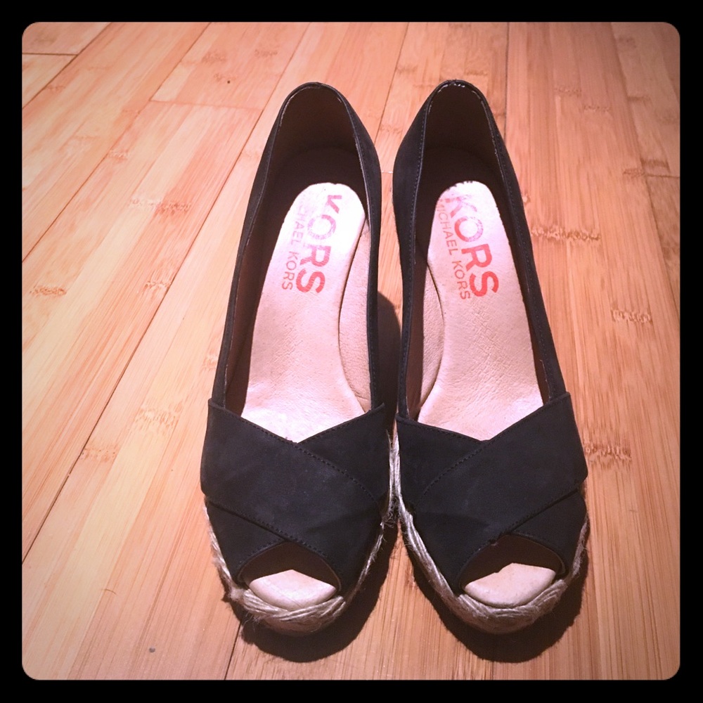 Michael Kors Black Suede Peep Toe Wedges