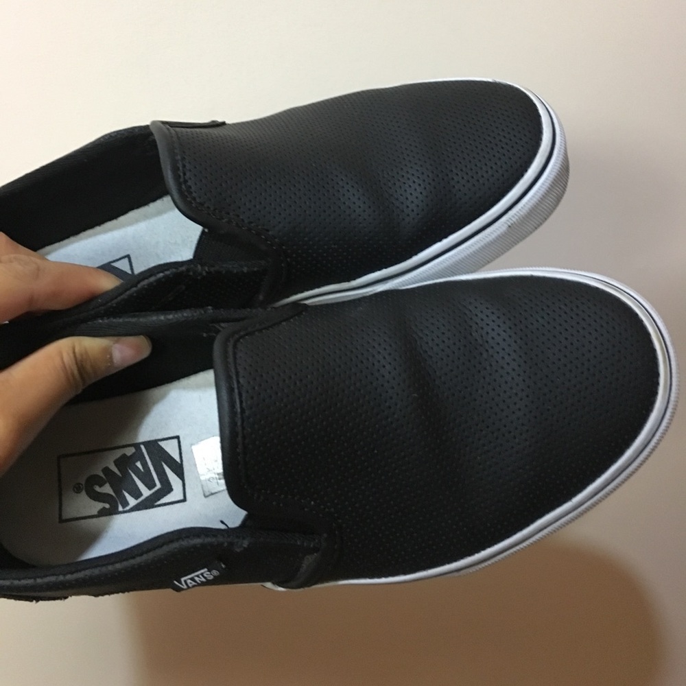 selling black leather slip ons