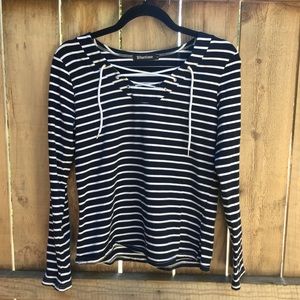 striped lace up long sleeve shirt
