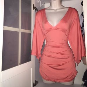 Coral Ruched Wide Sleeved Mini Dress 👄🌷