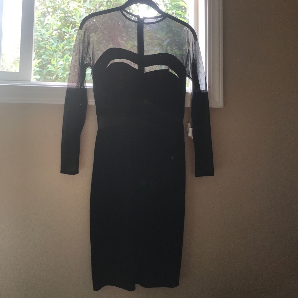 Black velvet and mesh long sleeve mini dress
