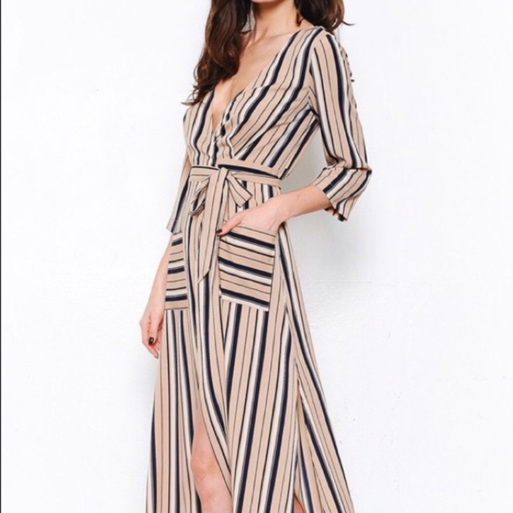 Latiste cream navy stripe wrap maxi robe dress