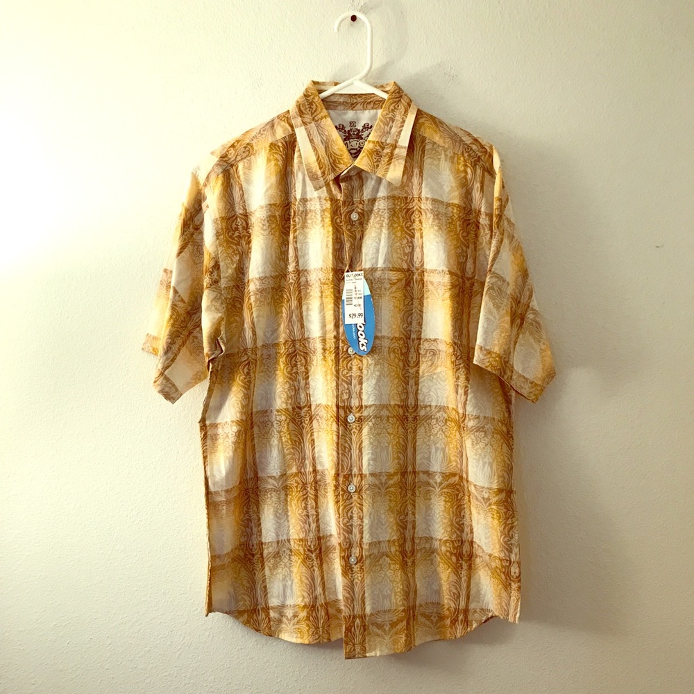 Outlooks Button Front Hawaiian White Gold Shirt M