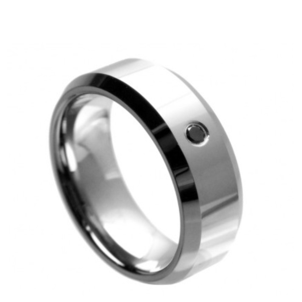High polished silver tungsten ring with black dia