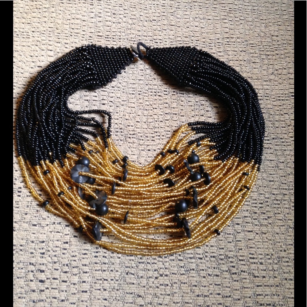 Black and gold beaded statement necklace