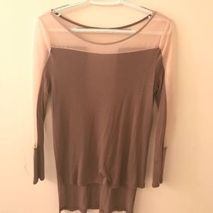 S Lush brown and tan mesh paneled 3/4 sleeve top