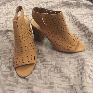 Tan Peep toe booties with laser cut detail
