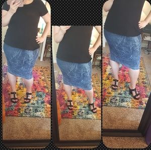 Stretchy acid wash denim-look pencil skirt