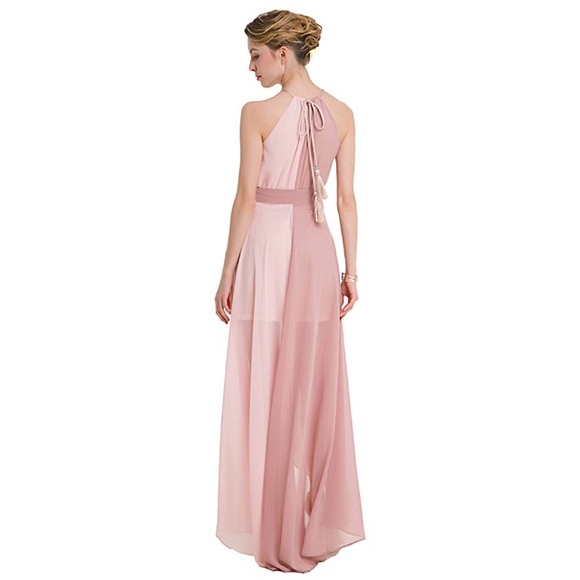 💥 SALE Sheer Blush Rose Halter Chiffon Maxi Gown - Picture 2 of 8